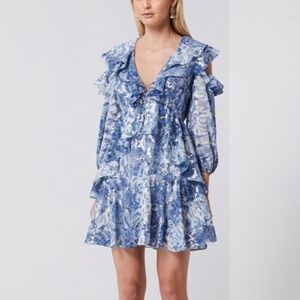 Elliatt Blue & Silver Metal Painted Cold Shoulder Ruffled Mini Dress